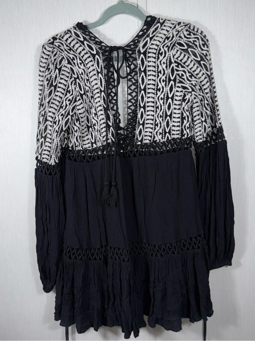 Free People Dusk Til Dawn Black White Embroidered Mini Dress Boho Western 12